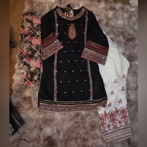 Charizma 3 piece with shalwar Black Embroidered Kurta Set with Floral Scarf
